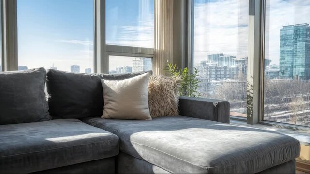 Modern living room interior with grey sofa and panoramic city view through floor to ceiling windows in luxury high rise apartment sunny day zoom in