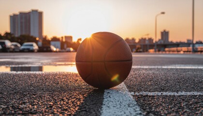 Basketball on Urban Street Reflecting Sunset Light in City Environment with Skyscrapers in Background