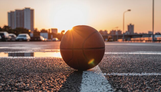 Basketball on Urban Street Reflecting Sunset Light in City Environment with Skyscrapers in Background - Powered by Adobe