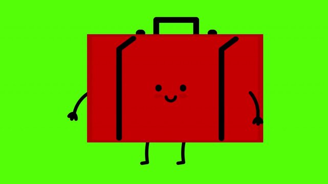 Cute red suitcase cartoon character standing and smiling animation on green screen