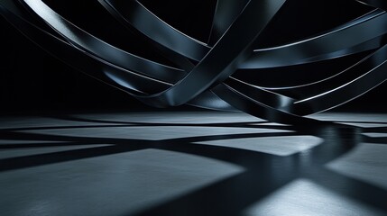 Abstract metallic sculpture with interlocking curved forms casting dramatic shadows in a modern minimalist space