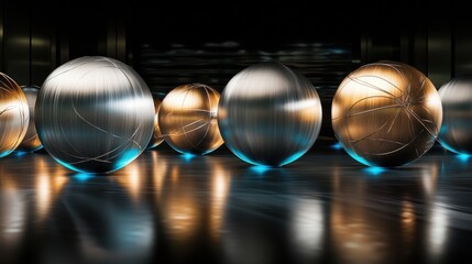 Abstract metallic spheres sculpture with interconnected forms and glowing blue and warm light on a reflective surface