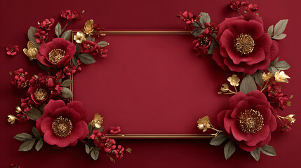 Luxury chinese background with festive oriental background floral frame, red flower and gold leaf decoration radiate elegant celebration mood on deep crimson backdrop