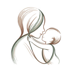 Mother and Baby Line Art with Leaves &ndash; Love, Care and Nature Illustration