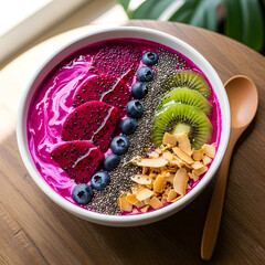 Delicious healthy breakfast bowl with dragon fruit kiwi and granola