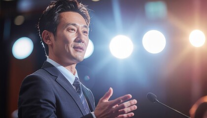 Businessman Delivering Inspiring Speech on Stage with Bright Lights at Corporate Event