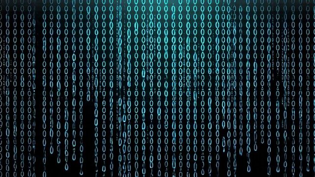 Glowing blue binary code cascading down on black background