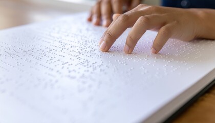 Child Learning to Read Braille Text with Focused Attention at a Table in a Bright Environment