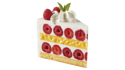Slice of white cake with raspberries and cream slice of cake isolated on a transparent background