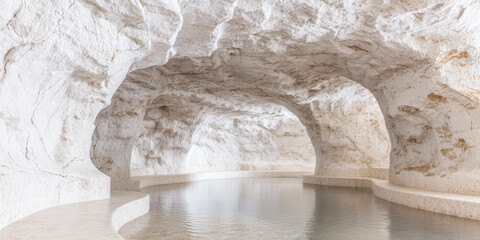Exploring a cave with white walls and water flowing inside the natural space in bright light