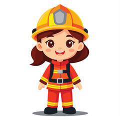 Cute cartoon little girl dressed as a firefighter with a helmet and uniform