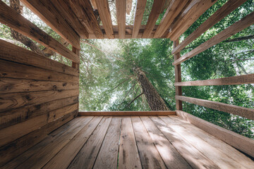 View of trees from inside a wooden structure located in a forest during daytime with sunlight shining through the leaves