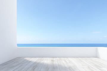 View of a sunny ocean from a white terrace with wooden floor