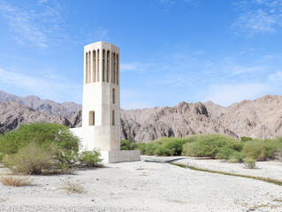 Tall tower stands in a desert landscape with mountains in the background under a clear blue sky at midday in a remote area
