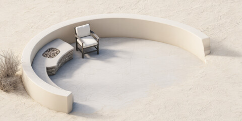 Seating area with a chair and a stone fire pit on a sandy landscape in bright daylight