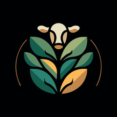 Eco Farm Cow Logo with Green Leaves &ndash; Organic Agriculture Vector Emblem