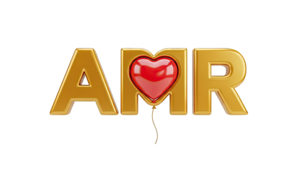 Golden AMR letters with a red heart balloon