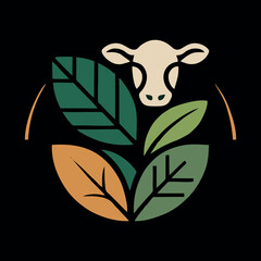 Eco Farm Cow Logo with Green Leaves &ndash; Organic Agriculture Vector Emblem