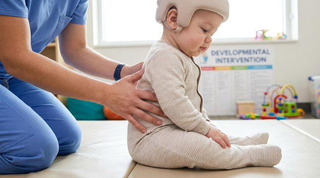 Pediatric Physical Therapist Assists Baby Wearing Cranial Helmet with Sitting Up