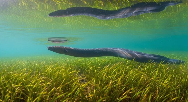 Two European Eels Swimming Above Seagrass in Clear Blue Water, Underwater View.