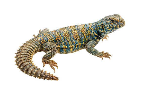 Ornate uromastyx lizard isolated. Blue spiny-tailed reptile.