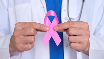 Doctor Holding a Pink Ribbon Symbolizing Cancer Awareness and Support for Patients