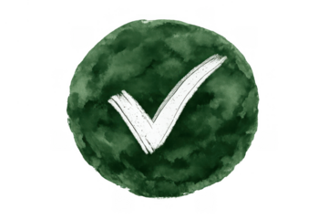 Check mark watercolor icon on green circle for approval, success, verification, and completion on transparent background