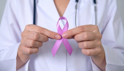 Doctor Holding Pink Ribbon for Breast Cancer Awareness Campaign in Medical Setting