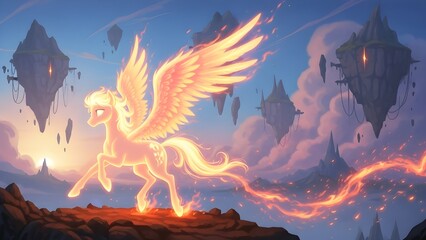 A mythical Pegasus made of flames and golden light soaring through a surreal sky with floating islands and dramatic sunset clouds