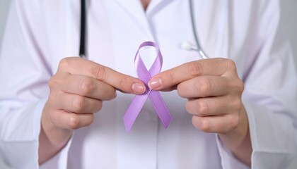 Female Doctor Holding Purple Awareness Ribbon Symbolizing Support for Cancer Patients