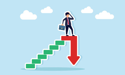 Obraz premium Confused businessman facing stairs suddenly pointing downward illustration of thinking hard to find solutions for negative business company trends