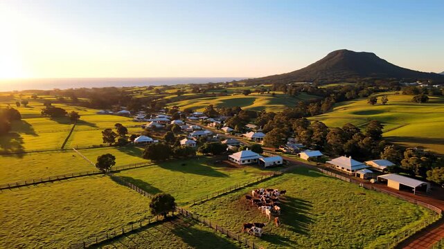 Cattle grazing peacefully in a lush green field with horses galloping freely, accompanied by a serene mountainous backdrop, perfectly capturing the idyllic concept of rural life.
