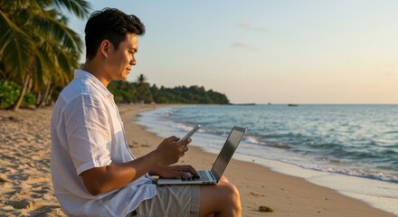 Asian Man Working Remotely on Beach with Laptop and Phone, Sunset Light.