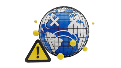 Sad, injured Earth globe with warning sign and yellow spheres