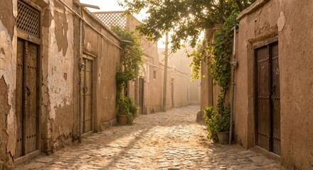 Narrow Old Alley with Traditional Iranian Architecture and Brick Walls

