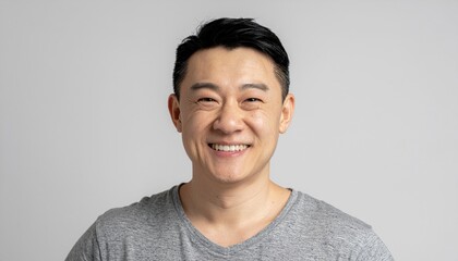 Happy Young Man in Gray Shirt Smiling Confidently Against Light Background in Studio