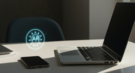 Augmented Reality Innovation: Laptop, Smartphone, and Glowing AR Lightbulb Icon on Desk