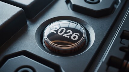 New Year 2026 Closeup on a Black Dial with a Gold-Rimmed Button Reflecting a Futuristic Calendar Interface
