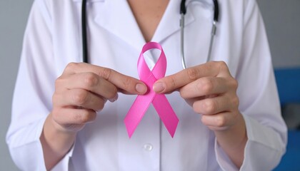 Healthcare Professional Holding Pink Awareness Ribbon in Support of Breast Cancer Awareness Campaign