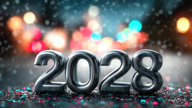 Shiny metallic 2028 numbers on colorful confetti with blurred city lights background