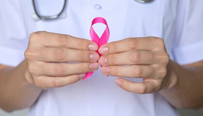 Healthcare Professional Holding Pink Ribbon for Breast Cancer Awareness and Support