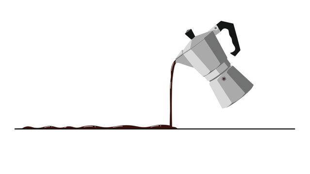 Fresh coffee being poured from a classic silver moka pot onto a flat surface, creating a long dark liquid trail on a white background.