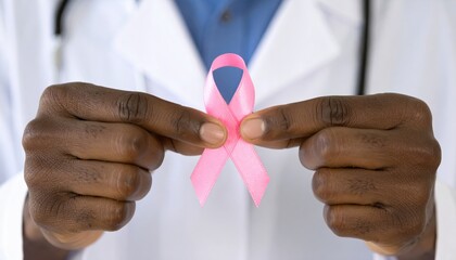 Healthcare Professional Holding Pink Ribbon Symbolizing Breast Cancer Awareness and Support