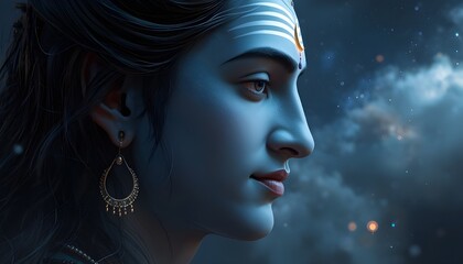 Side Profile Close Up of Lord Shiva with Cosmic Background Illustration