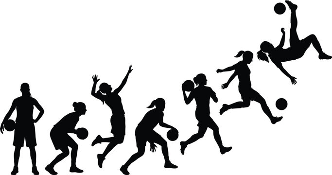 Female basketball player silhouettes showing dribbling, jumping, shooting, passing, and acrobatic scoring actions in dynamic sports motion illustration - Powered by Adobe