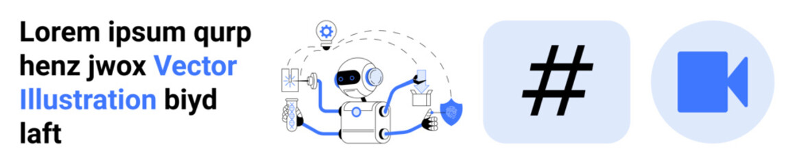 Obraz premium Robot interacting with screens, performing data tasks, and analyzing social connections. Ideal for AI, automation, analytics, digital tools, social media, marketing technology simple landing page