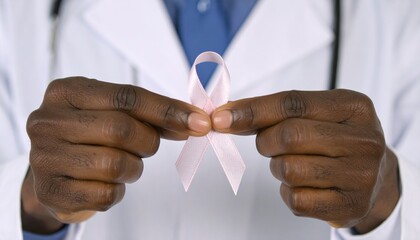 Healthcare Professional Holding Pink Ribbon Symbolizing Cancer Awareness and Support for Patients