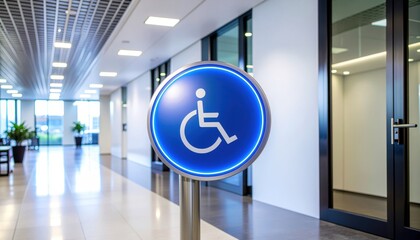 Illuminated Accessibility Sign for Handicapped Individuals in Modern Office Building Interior
