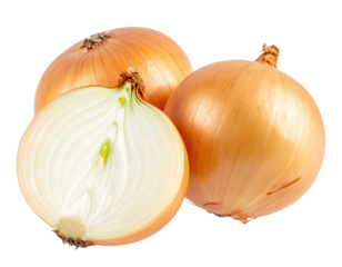 Three Freshly Harvested Yellow Onions One Sliced in Half Revealing White Inner Flesh