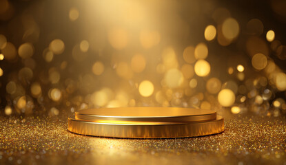 Gold podium with a smooth, polished surface and reflective texture for award ceremonies set against a shimmering gold background with bokeh light effects